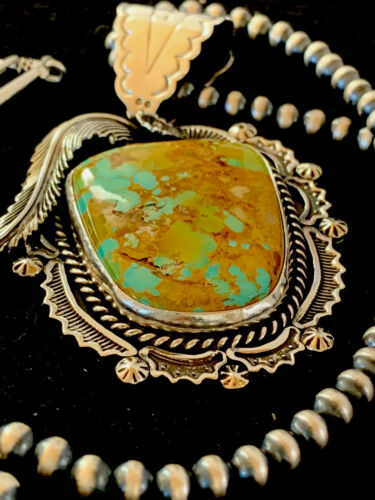 Navajo Royston Turquoise Pendant Necklace | Sterling Silver | Authentic Native American Handmade | 4126 - Masha USA