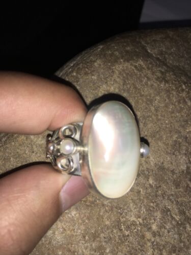 Southwestern Navajo White Mabe Pearl Ring | Sterling Silver | Sz 8 | Authentic Native American Handmade | 01722