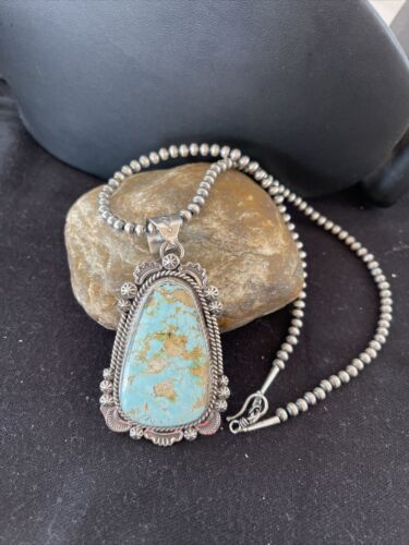 Navajo Royston Turquoise Pendant Necklace | Sterling Silver | Authentic Native American Handmade | 01365
