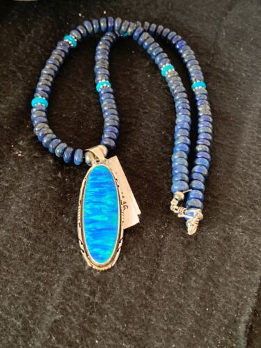Navajo Pearls Opal Pendant with Blue Lapis & Turquoise | Sterling Silver Necklace | Authentic Native American Handmade | 4146