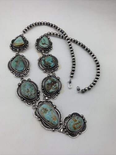 Navajo Sterling Silver Lariat Necklace | Royston Turquoise Squash Pendant | Authentic Native American Handmade | 01545