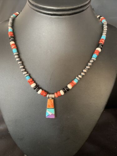 Navajo Multi-Color Turquoise Onyx Inlay Pendant Necklace | Sterling Silver | 13798