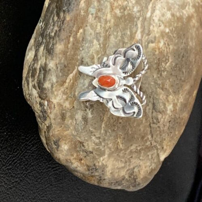 Navajo Red Spiny Oyster Butterfly Ring | Sterling Silver | Adj Sz 8 | Authentic Native American Handmade | 10342