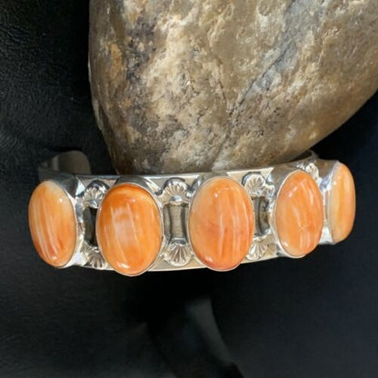 Native American Navajo Orange Spiny Oyster Row Cuff Bracelet | Sterling Silver | 1409