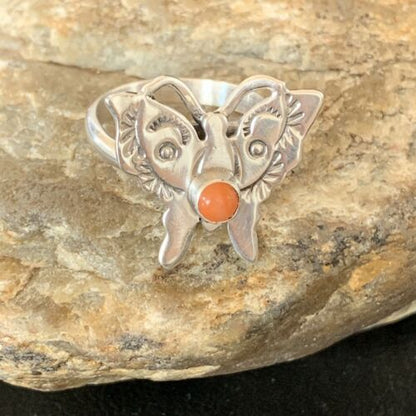 Navajo Orange Spiny Oyster Butterfly Ring | Sterling Silver | Sz Adj 8 | Authentic Native American Handmade | 10351