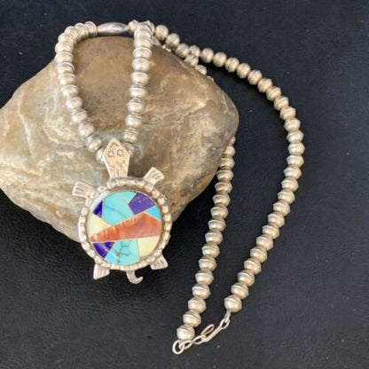 Turtle Inlay Pendant | Navajo Lapis Turquoise Sterling Necklace 24" | Handmade Southwestern Jewelry | 13680