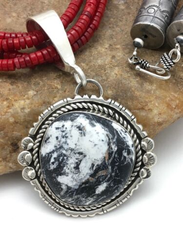 Navajo White Buffalo Turquoise Pendant with Coral | 4-Strand Silver Necklace | Authentic Native American Handmade | 3848