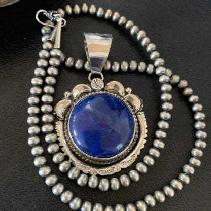 Native American Navajo Blue Lapis Pendant Necklace | Sterling Silver | Authentic Handmade | 11677 - Masha USA