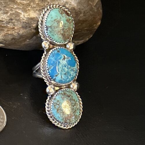 Navajo Blue Kingman Turquoise Cluster Ring | Authentic Native American Sterling Silver | Multi-Stone | Sz 8.5 | 14492