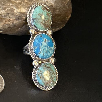 Navajo Blue Kingman Turquoise Cluster Ring | Authentic Native American Sterling Silver | Multi-Stone | Sz 8.5 | 14492