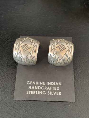 Old Pawn Women's Stamped Design Hoop Stud Earrings | Sterling Silver | 1" | 13006