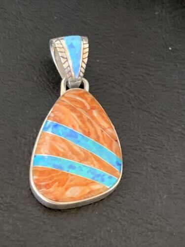 Men's Navajo Orange Spiny Oyster Blue Opal Inlay Pendant | Sterling Silver | Authentic Native American Handmade | 12486