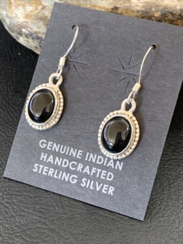 Native American Navajo Black Onyx Drop Earrings | Sterling Silver Dangle | 0.5" | 12647