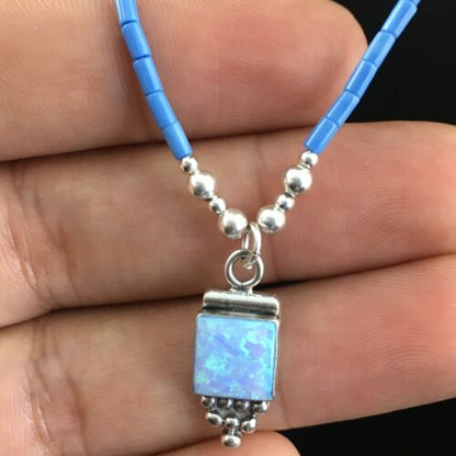 Children's Lapis Beads Sterling Heishi Necklace | Opal Pendant | 15" Chain | 10130