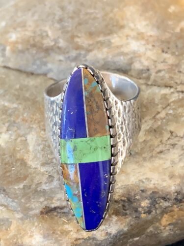 Navajo Multi-Color Lapis & Turquoise Inlay Ring | Sterling Silver | Sz 7 | Authentic Native American Handmade | 1578