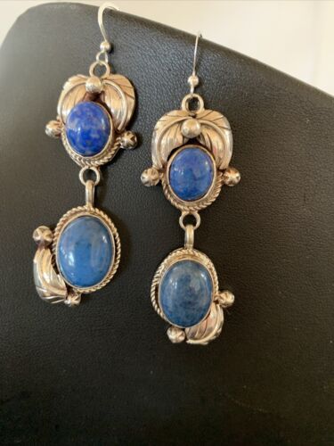 Native American Navajo Denim Lapis Dangle Earrings | Sterling Silver | 2" | 1866