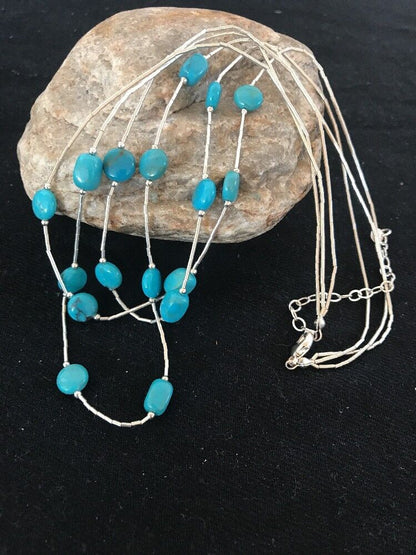 Turquoise Nugget Heishi Necklace | 3-Strand Sterling Silver | Navajo Design | 21"