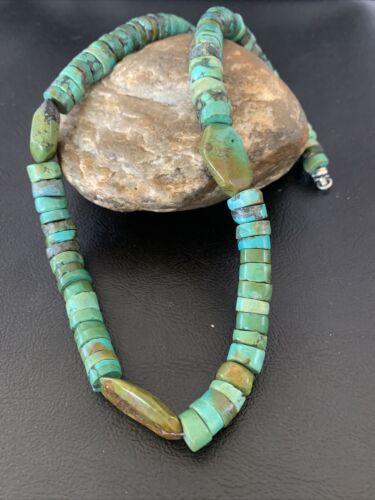 Men's Navajo Green Turquoise Nugget Heishi Bead Necklace | Sterling Silver | Authentic Native American Handmade | 21" | 10220