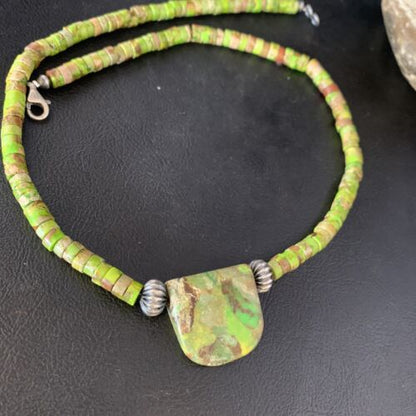Navajo Green Gaspeite Turquoise Pendant | Sterling Silver | Authentic Native American Handmade | 13940