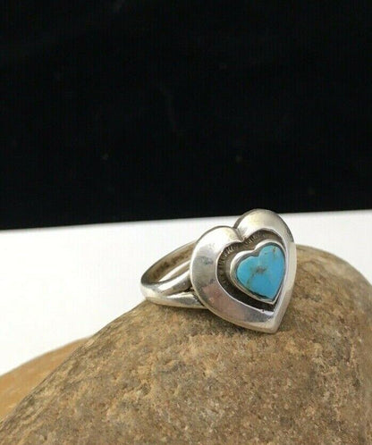 Navajo Heart Blue Turquoise Inlay Ring | Sterling Silver | Sz 5.5 | Authentic Native American Handmade | 01731