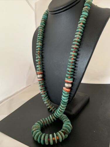 Authentic Native American Navajo Necklace | Sterling Silver | Green Turquoise & Spiny Oyster | 32" | 1670