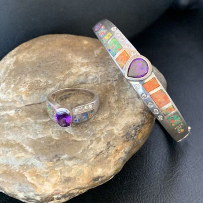 Old Pawn Navajo Opal Amethyst Bracelet | Sterling Silver | 7" | Sz 7 | Authentic Native American Handmade | 13121