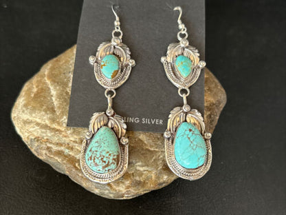 Navajo Blue #8 Turquoise Dangle Earrings | Sterling Silver | Authentic Native American Handmade | 14345