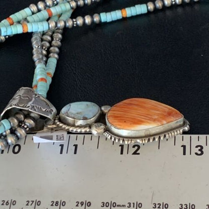 Navajo Dry Creek Turquoise Pendant | Sterling Silver Spiny Necklace | 2.5" | Multi-Strand | 13580 - Masha USA