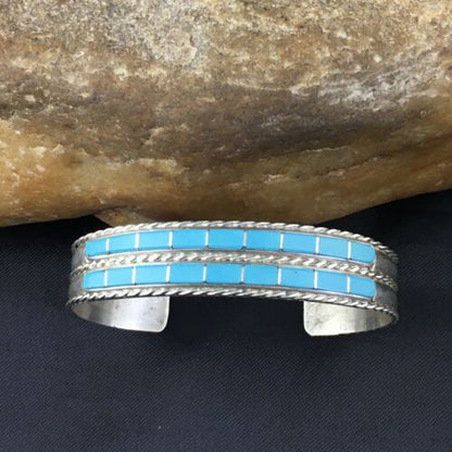 Navajo Blue Turquoise Inlay Cuff Bracelet | Sterling Silver | Authentic Native American Handmade | 1974