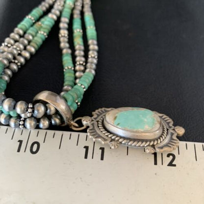 Navajo Royston Turquoise Pendant | Sterling Silver | 3-Strand Spiny Necklace | Authentic Native American Handmade | 01676