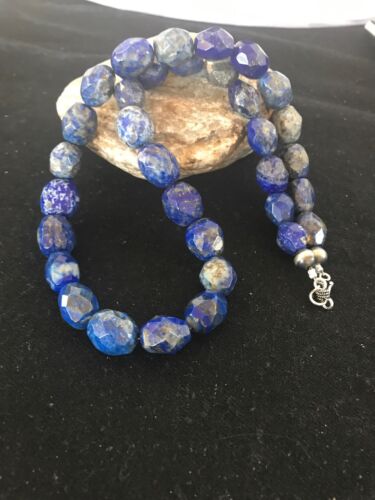 Navajo Chunky Faceted Denim Lapis Beads Necklace | Sterling Silver | Authentic Native American Handmade | 21" | 13973