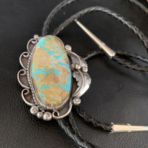 Navajo Green Royston Turquoise Bolo Tie | Sterling Silver | Authentic Native American Handmade | 14106