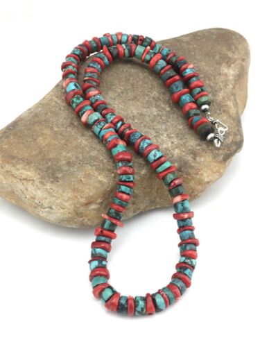 Navajo Sterling Silver Heishi Green Turquoise Coral Necklace | 20" | 1266
