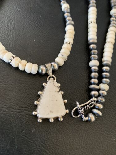 Navajo White Buffalo Turquoise Pendant Set | Sterling Silver | Authentic Native American Handmade | 12241