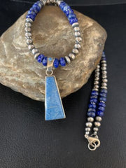 Navajo Blue Denim Lapis Inlay Pendant Necklace | Sterling Silver | Authentic Native American Handmade | 13492