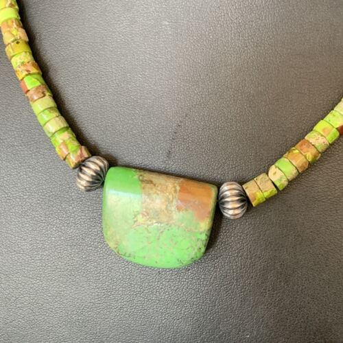 Navajo Green Gaspeite Turquoise Pendant | Sterling Silver | Authentic Native American Handmade | 13912