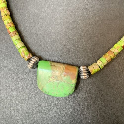 Navajo Green Gaspeite Turquoise Pendant | Sterling Silver | Authentic Native American Handmade | 13912
