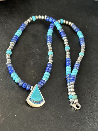 Navajo Blue Turquoise Lapis Inlay Pendant Necklace | Sterling Silver | Authentic Native American Handmade | 14636