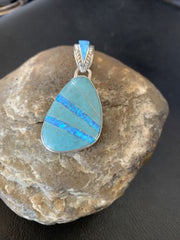 Men's Women's Navajo Blue Turquoise Opal Inlay Pendant | Sterling Silver | Authentic Native American Handmade | 12489