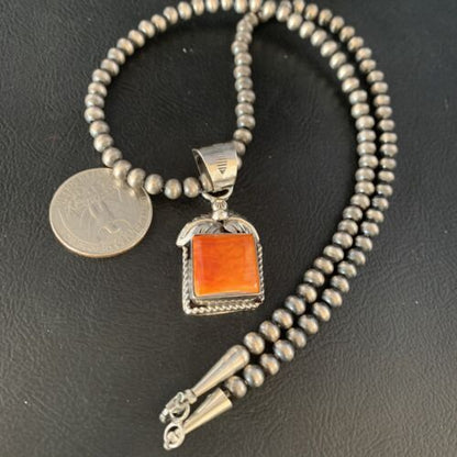 Navajo Orange Spiny Oyster Pendant | Sterling Silver Square Necklace | Authentic Native American Handmade | 13641