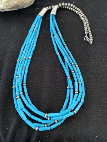 Southwestern Sterling Silver Blue Tube Turquoise Necklace | 5-Strand | 29" | 00830