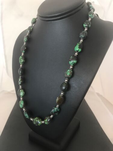 Navajo Green Spiderweb Turquoise Nugget Necklace | Sterling Silver | 22" | Authentic Native American Handmade | 3214