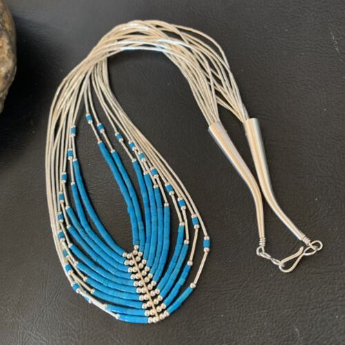 Liquid Silver Heishi 10-Strand Necklace | Sterling Silver Pendant with Turquoise | 12295