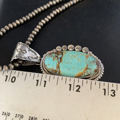 Navajo Pearls Sterling Silver Necklace with Blue #8 Turquoise Pendant | 3" | Authentic Native American Handmade | 13937 - Masha USA