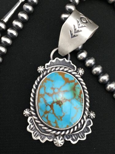 Navajo Sterling Silver Necklace | Spiderweb Turquoise Pendant | 2.25" | Authentic Native American Handmade | 13918