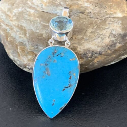 Southwestern Navajo Blue Topaz Turquoise Pendant | Sterling Silver | 3" | 10711