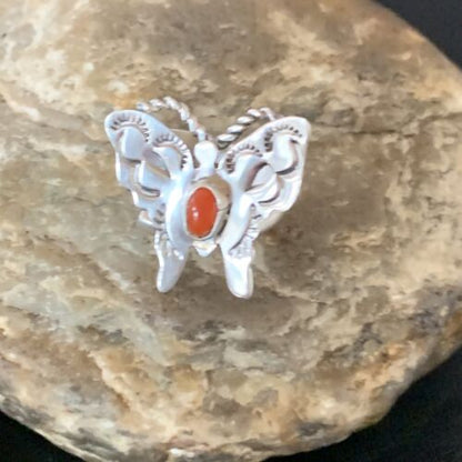 Navajo Red Spiny Oyster Butterfly Ring | Sterling Silver | Adj Sz 8 | Authentic Native American Handmade | 10342