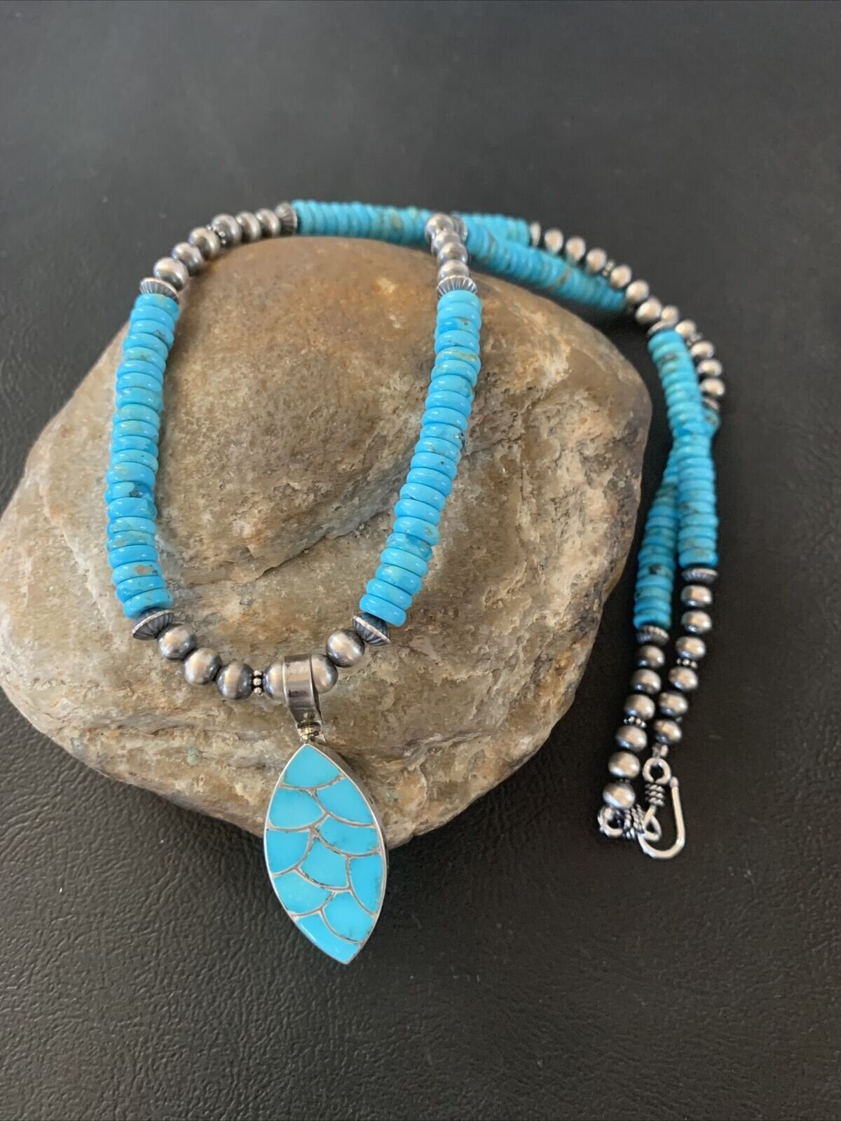 Zuni Blue Turquoise Necklace with Inlay Pendant | Sterling Silver | Authentic Native American Handmade | 02092