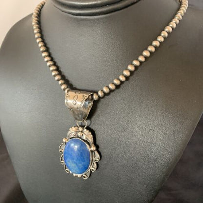Men's Navajo Pearls Necklace with Denim Lapis Pendant | Sterling Silver | Authentic Native American Handmade | 12433