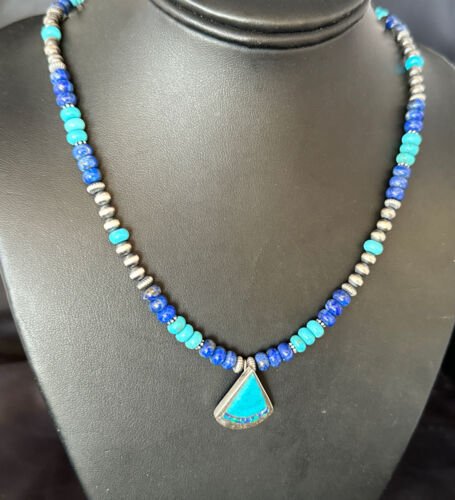 Navajo Blue Turquoise Lapis Inlay Pendant Necklace | Sterling Silver | Authentic Native American Handmade | 14636